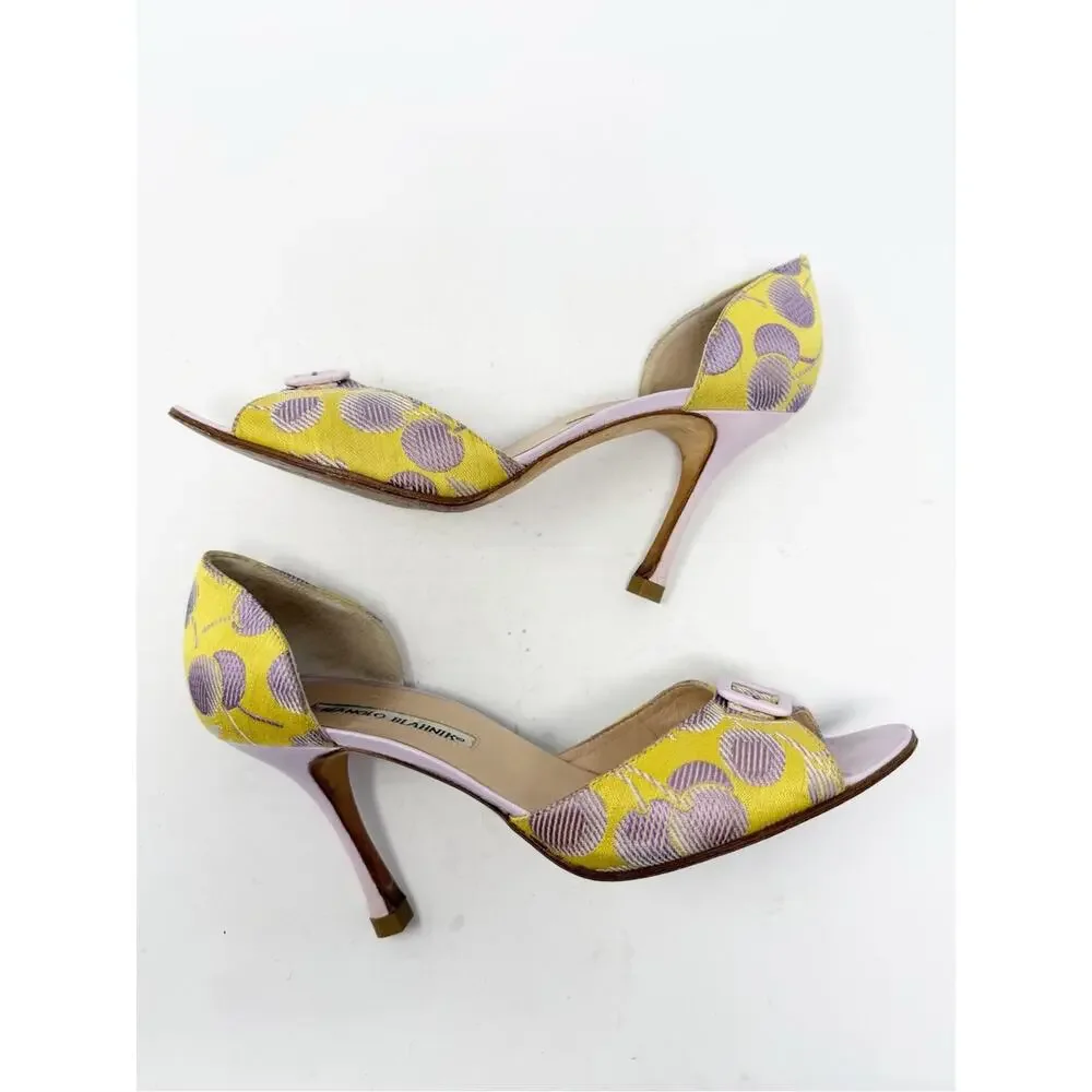 Manolo Blahnik D’Orsay Cherry Print Heels Yellow Lilac Womens Size EU 38.5